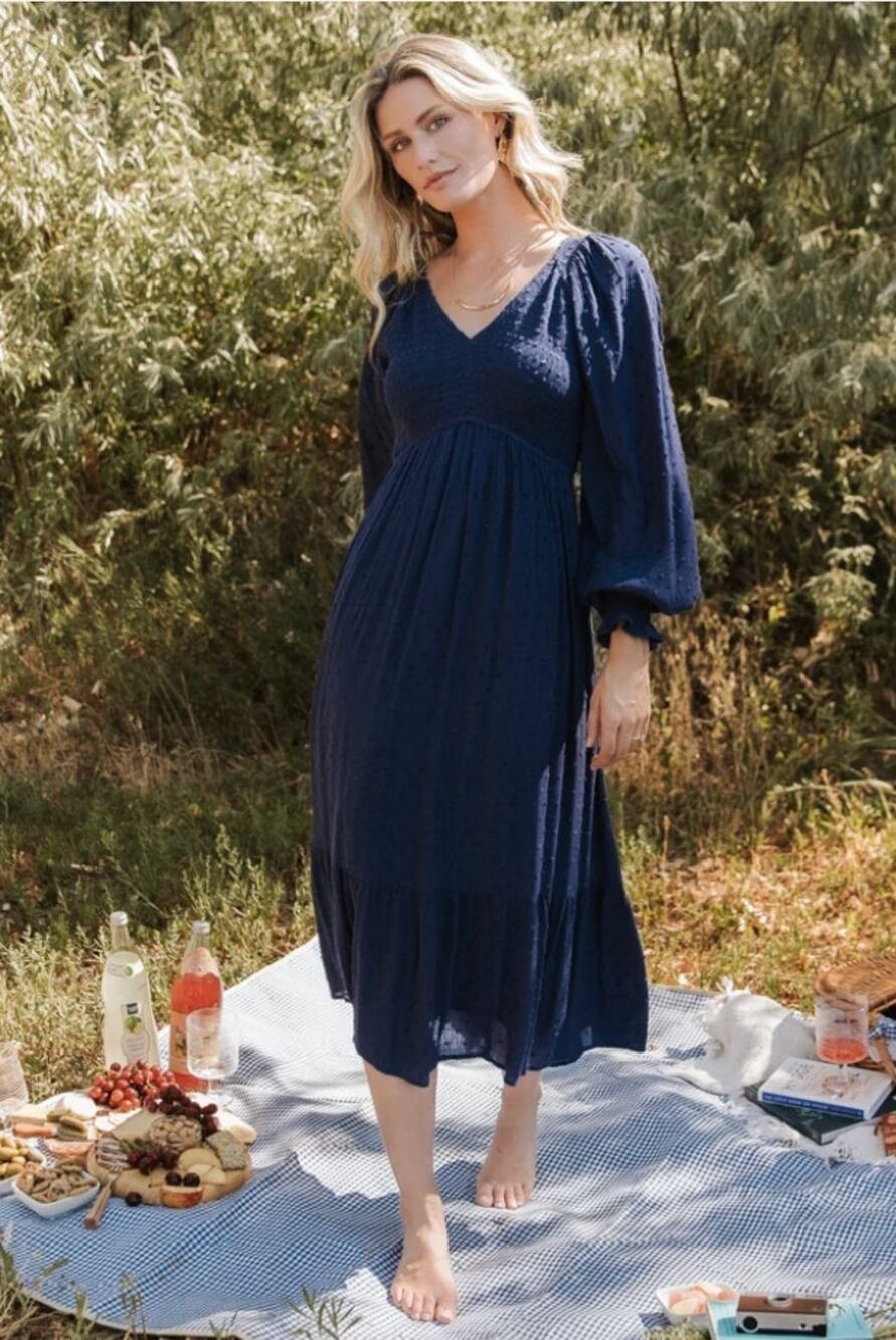 Baltic Born Lainey Smocked Dotted Midi Dress in Midnight Blue